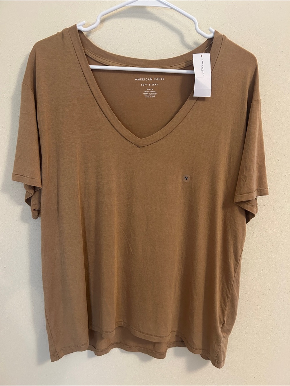American Eagle Outfitters Women's V-Neck Tee in Tan Brown